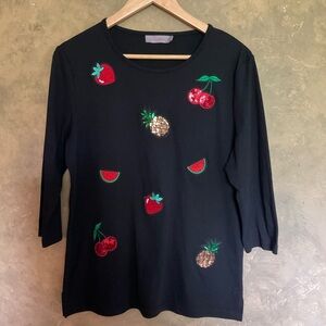 La Madona Sequin Fruit Three Quarter Sleeve Top